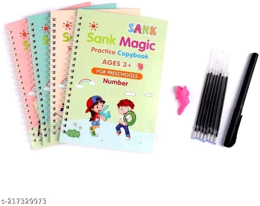 Magic Practice Copybook Set – Reusable Writing & Number Tracing Book for Kids (4 Books + Pen + Refills)