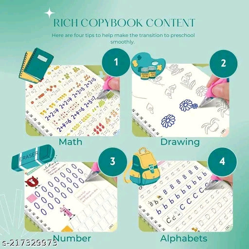 Magic Practice Copybook Set – Reusable Writing & Number Tracing Book for Kids (4 Books + Pen + Refills)